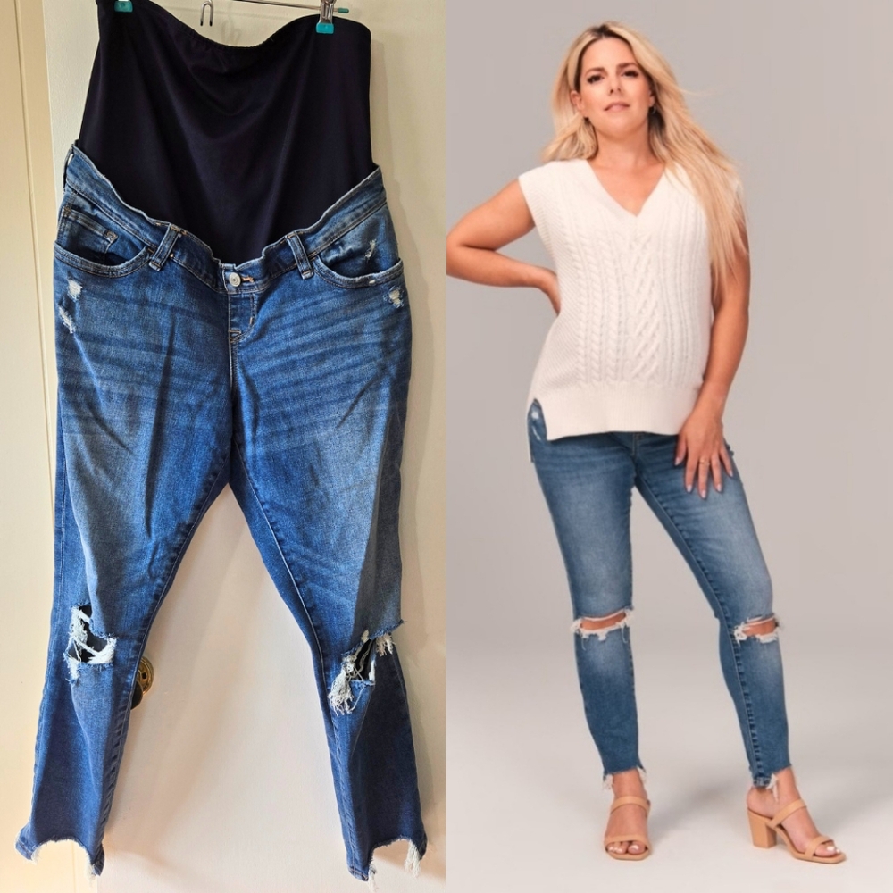 A&F Maternity Super Skinny Ankle Jeans Medium Wash Distressed Over Belly 31 12